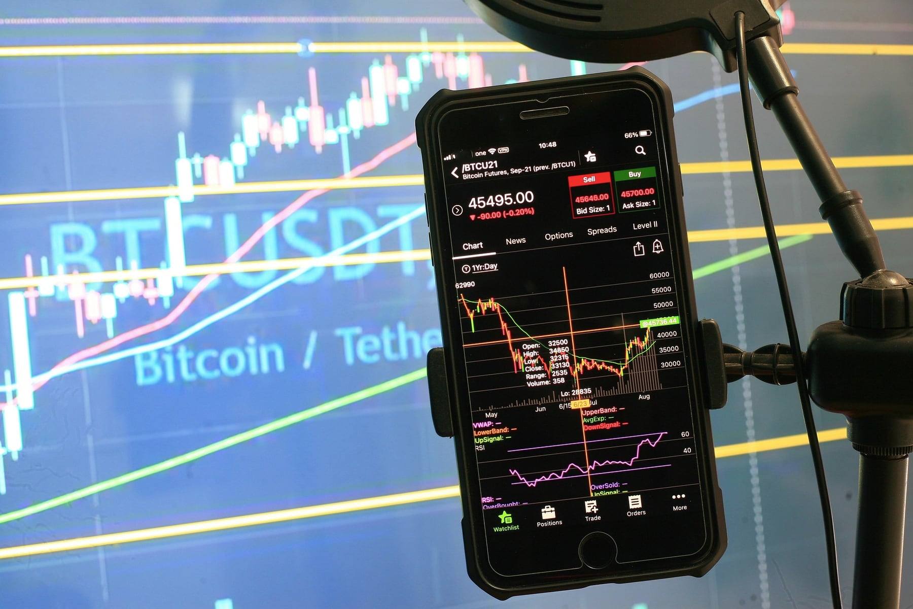 Smartphone screen showing a candlestick price chart for a BTC/USDT trading pair