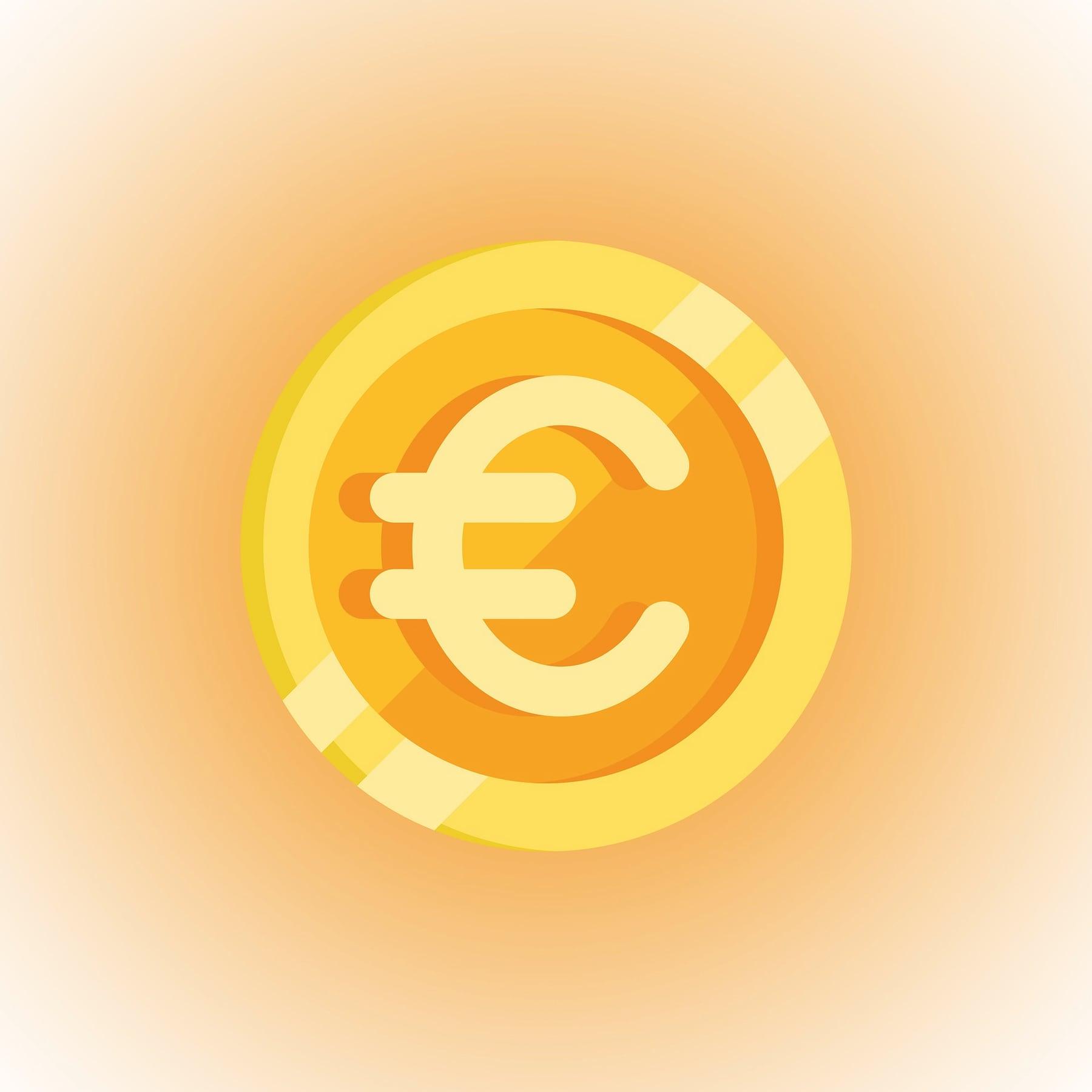 Flat illustration of a gold euro coin with a soft glow