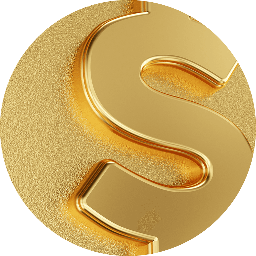 Close-up of the face of a gold coin with a dollar sign
